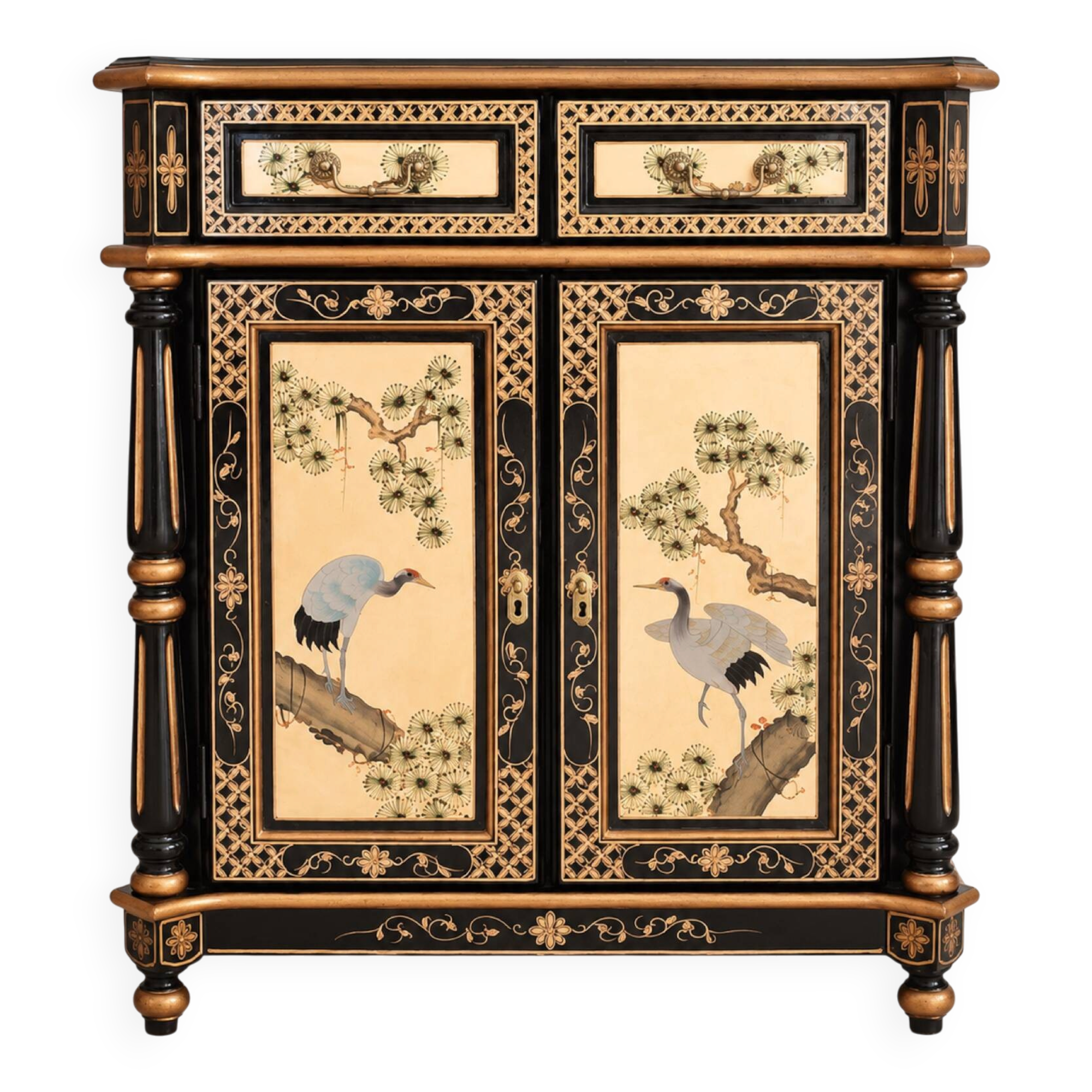 Cabinet chinoiserie de grues en laque noire et dorée, peint à la main