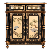 Chinese cabinet with cranes in black and gold lacquer, hand-painted.