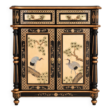 Cabinet chinoiserie de grues en laque noire et dorée, peint à la main