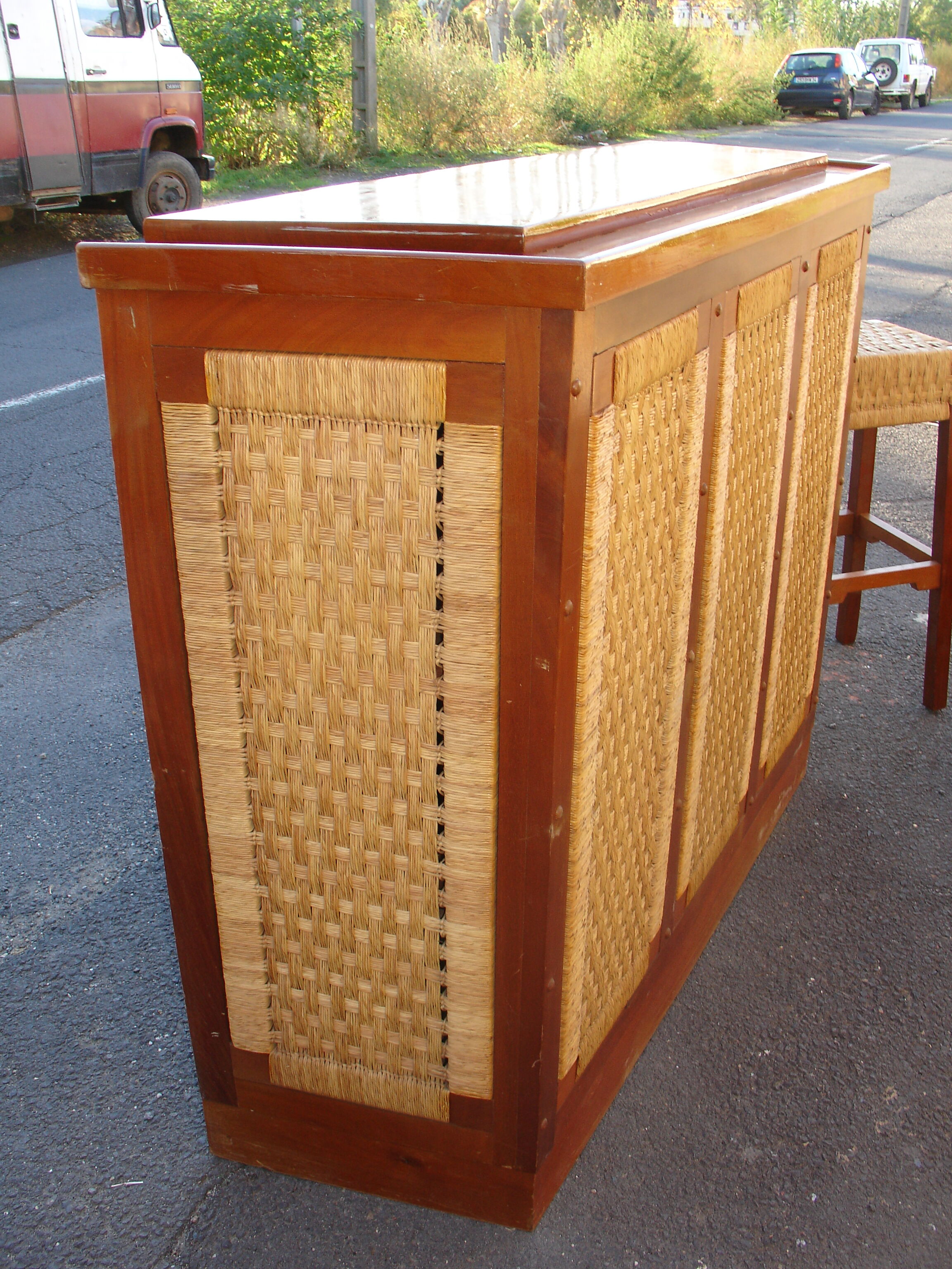 Mahogany and straw bar, made in Mexico around 1950