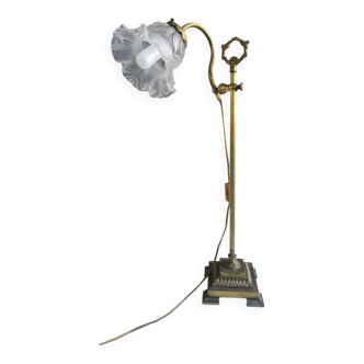 Lampe art déco en bronze et tulipe en verre givré