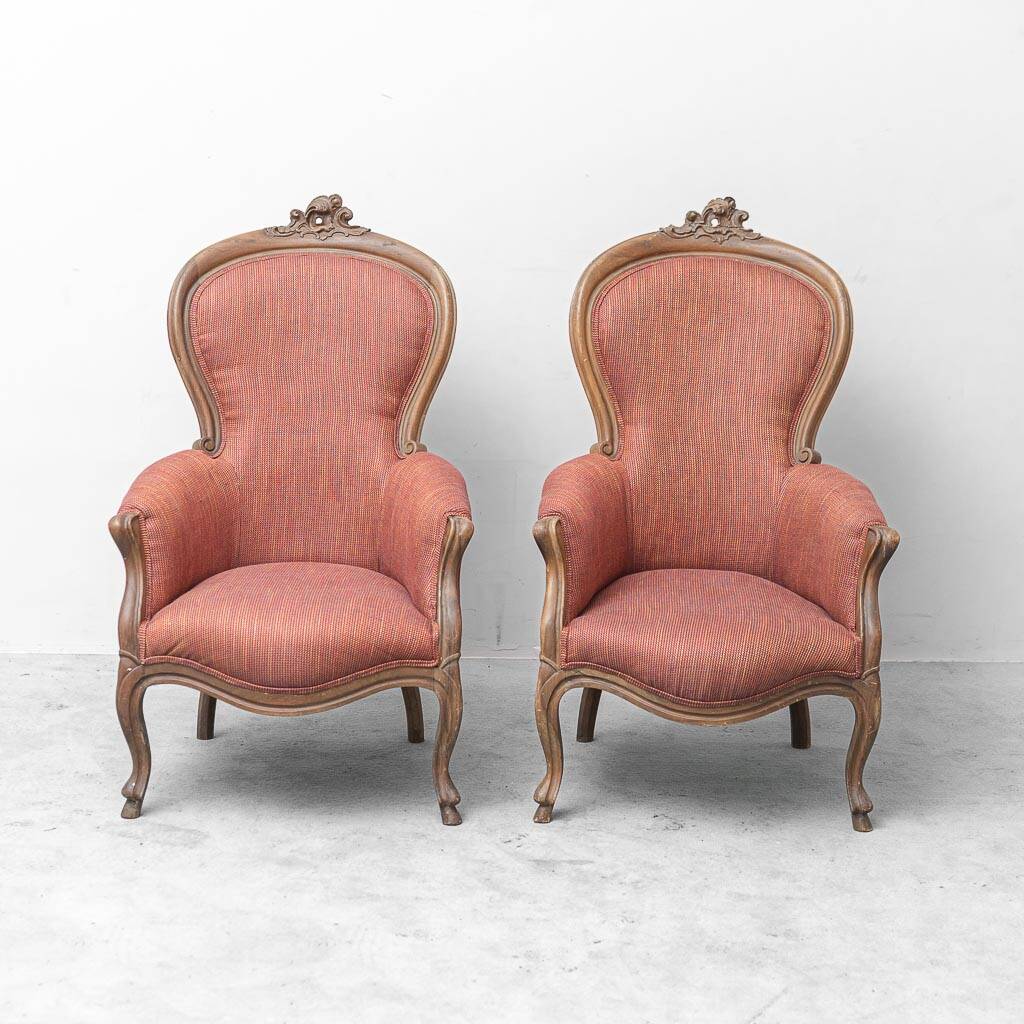 Pair of classic vintage armchairs in carved wood and fabric, 1950s