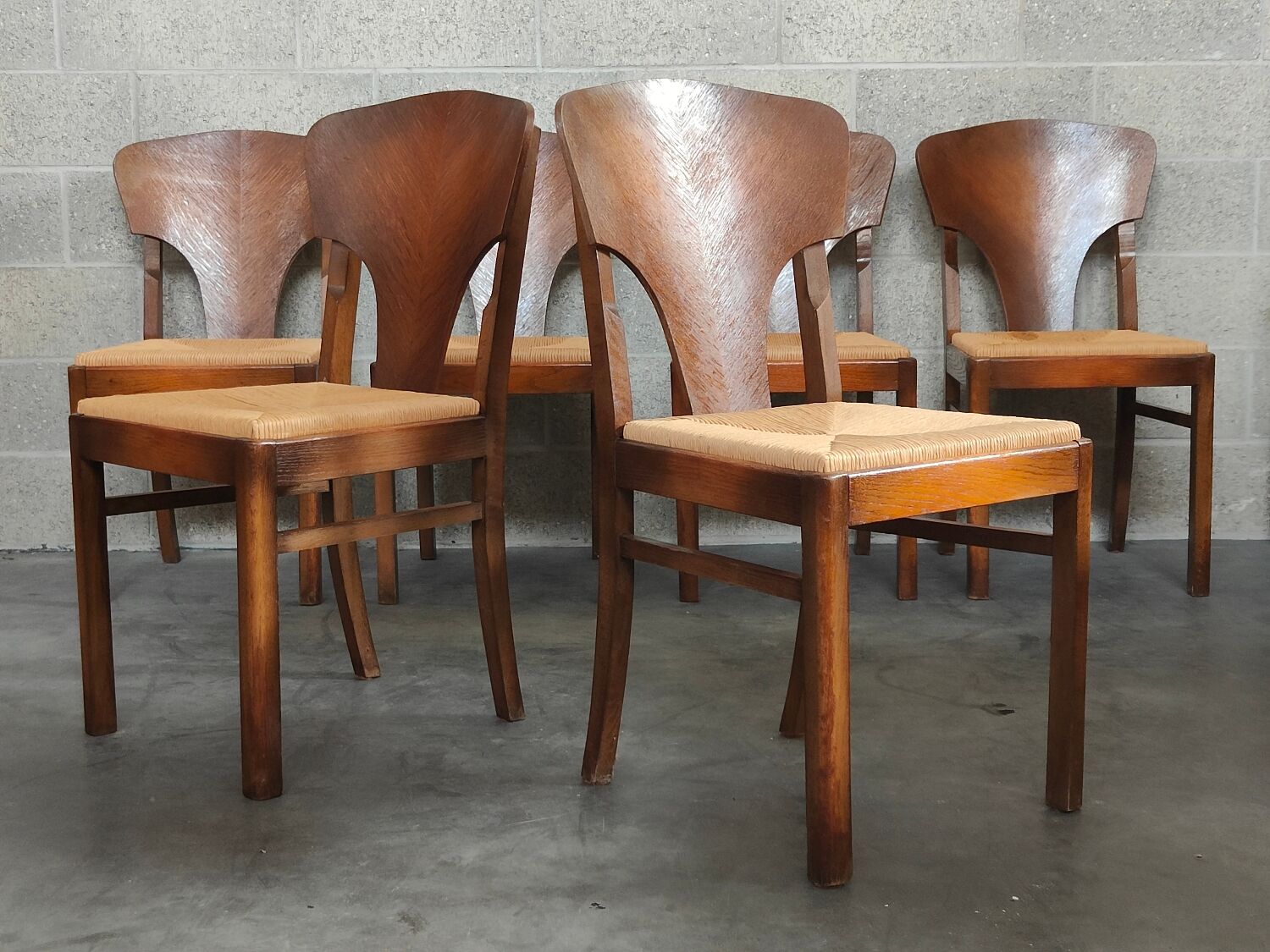 Suite of 6 Art Deco solid oak chairs