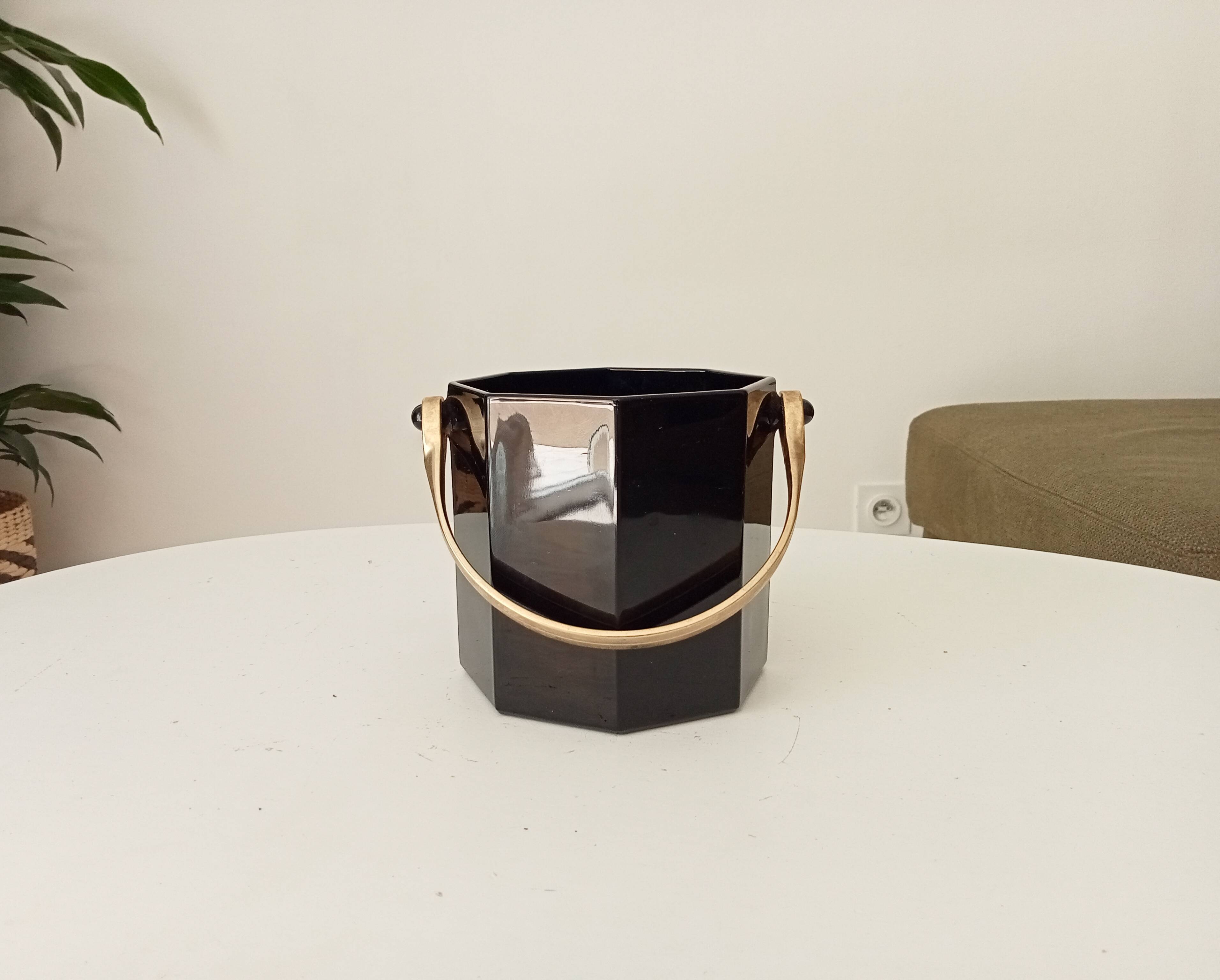 Art Deco ice bucket in black opaline and gilded brass