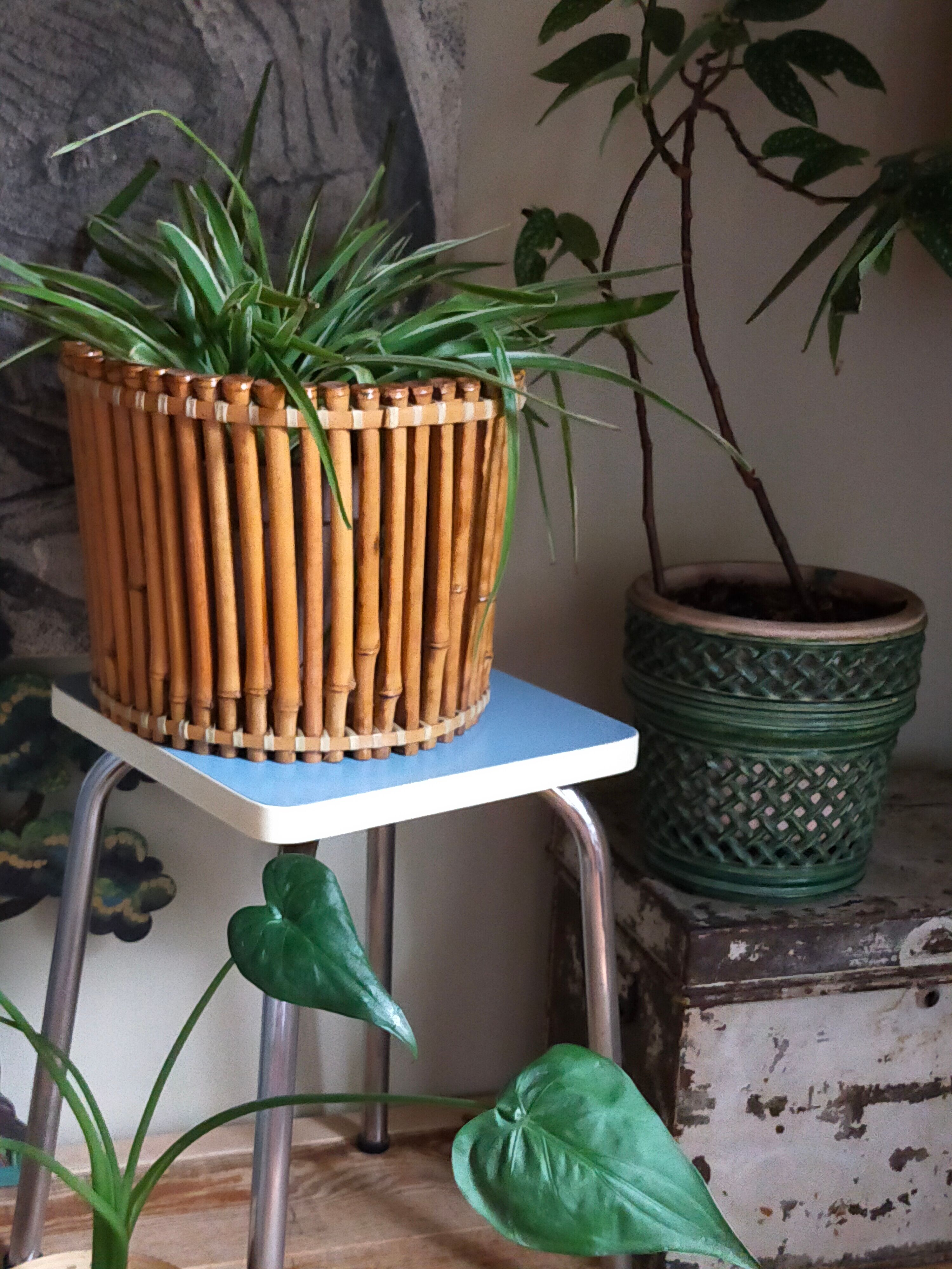 Pot cover basket Art-popular bamboo and scoubidou 50s