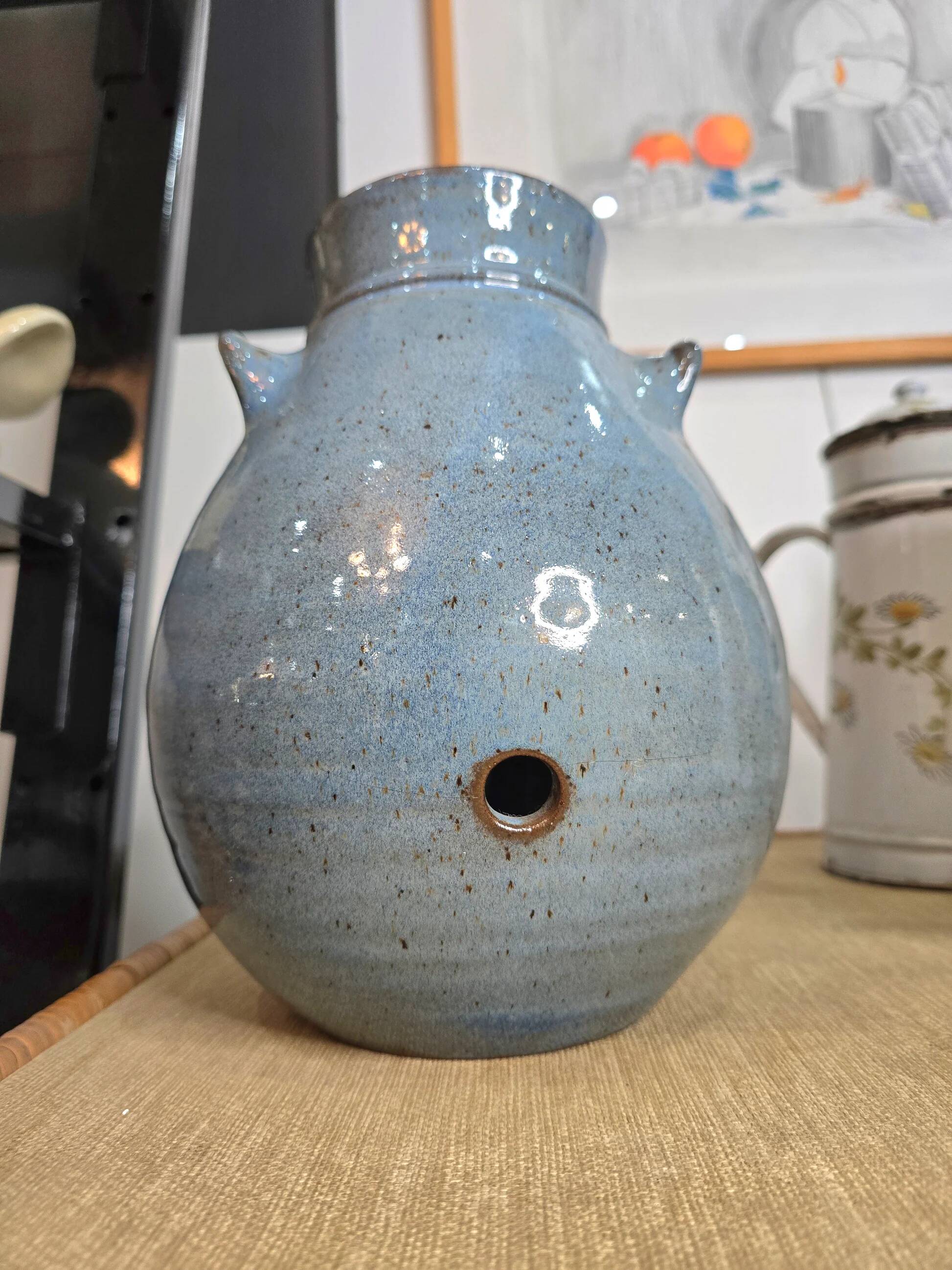 Blue glazed stoneware vase – Squat shape with handles – Handmade craftsmanship
