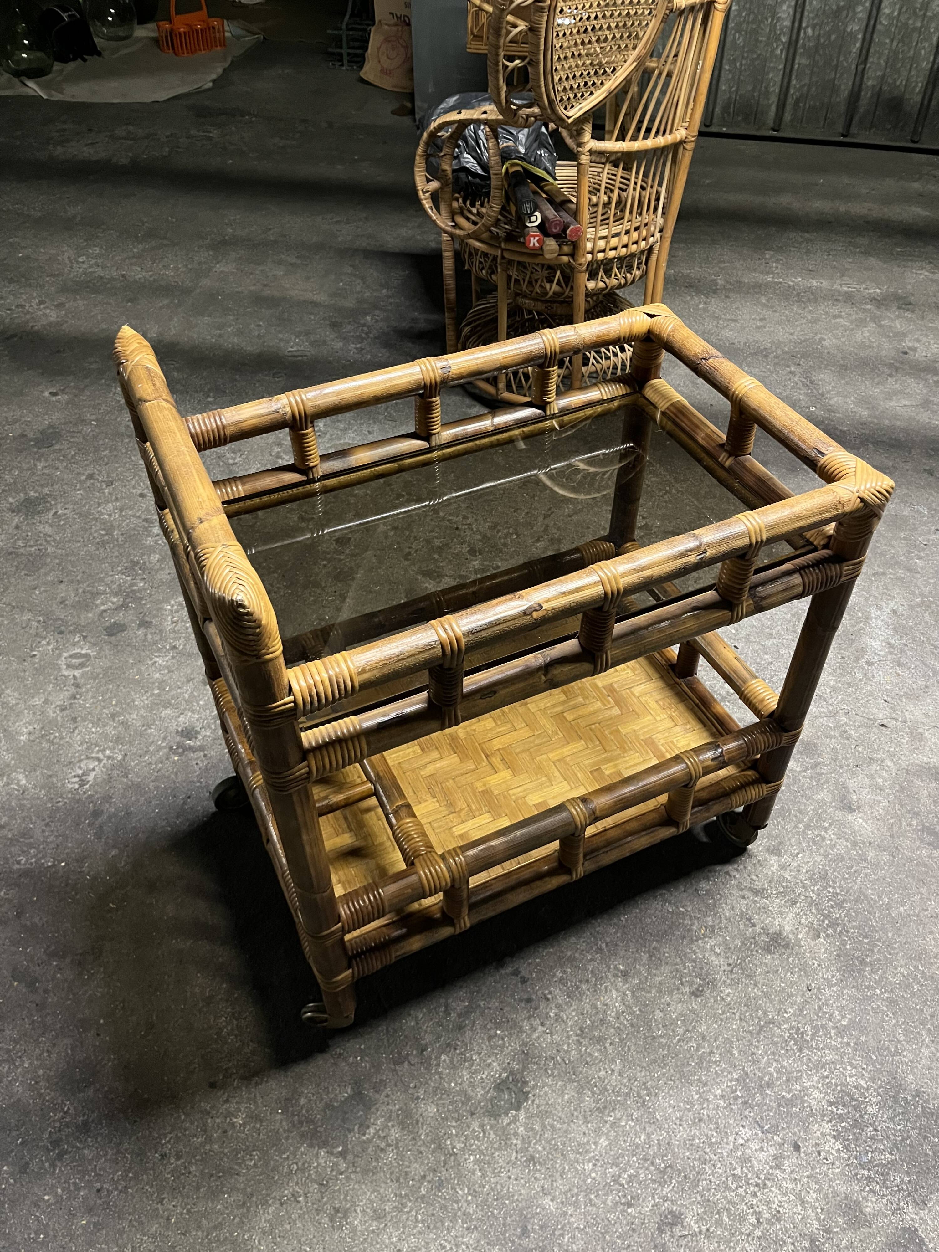 Vintage 1950s bamboo trolley or serving cart.