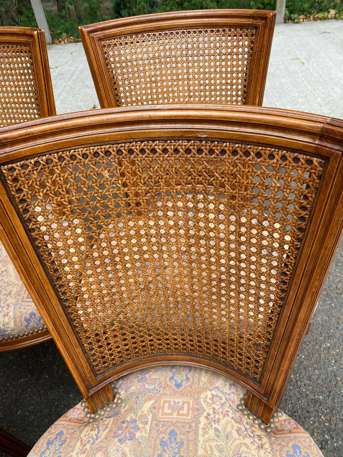 Set of 6 Louis XVI style chairs with caned backs and 70s jacquard fabric.
