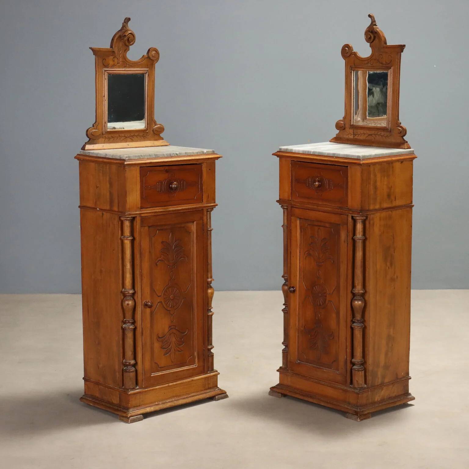 Antique walnut bedside tables with grey marble, Italy, 19th century.
