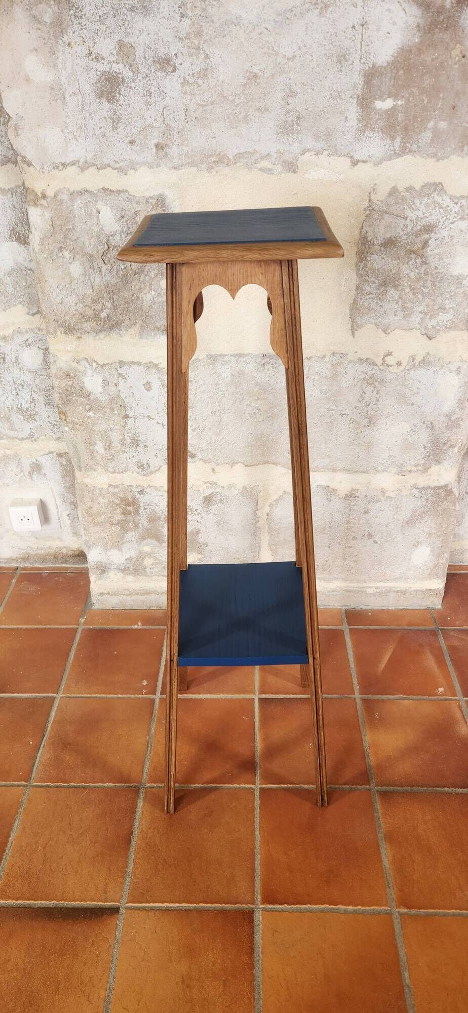Deep Blue Wood Side Table with 2 Shelves Renovated