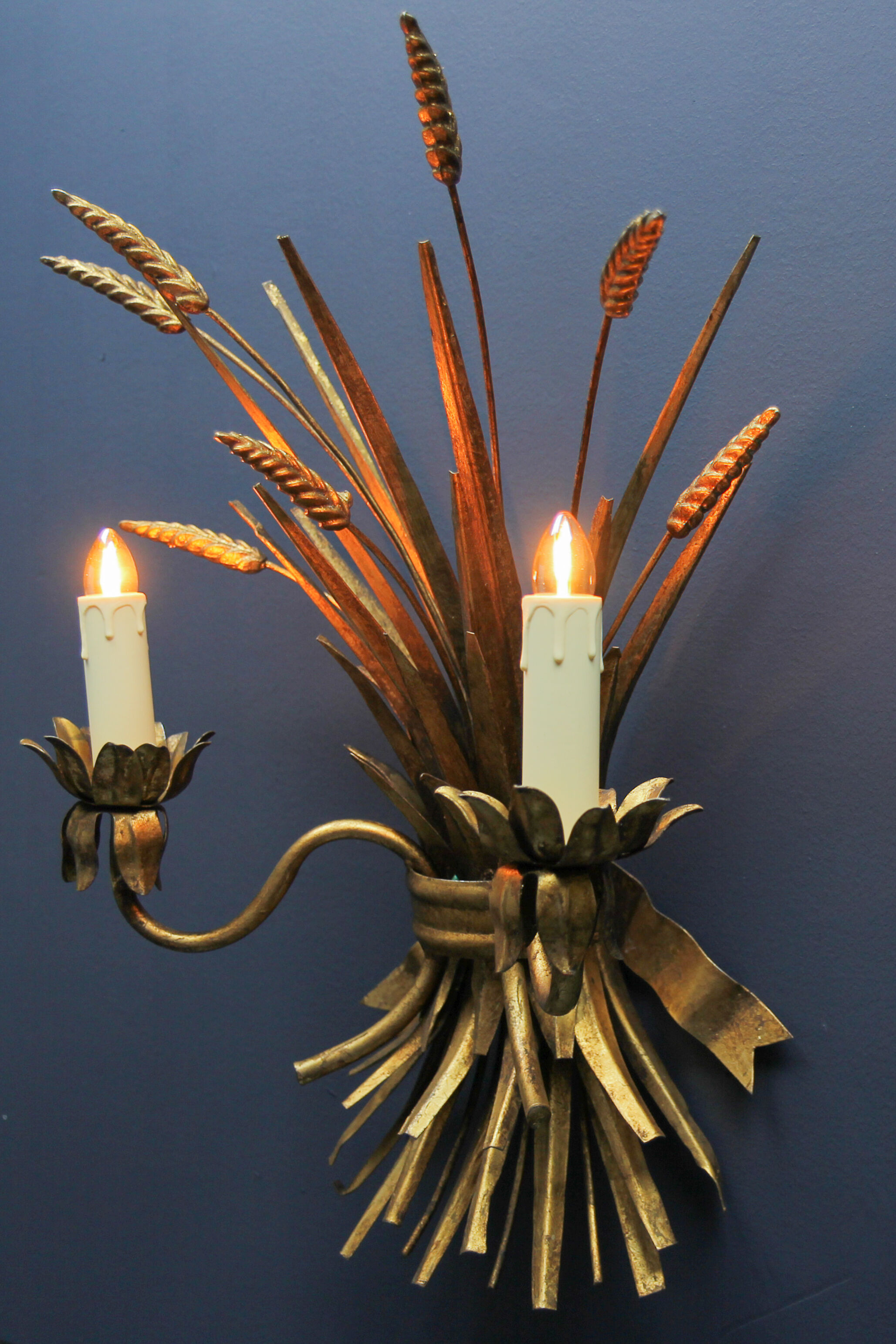 Gilt metal wheat sheaf two-light wall sconce