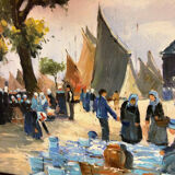 Ancient painting depicting a market scene in Brittany