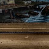 Oil on panel marine scene signed 20th century gilt leaf frame