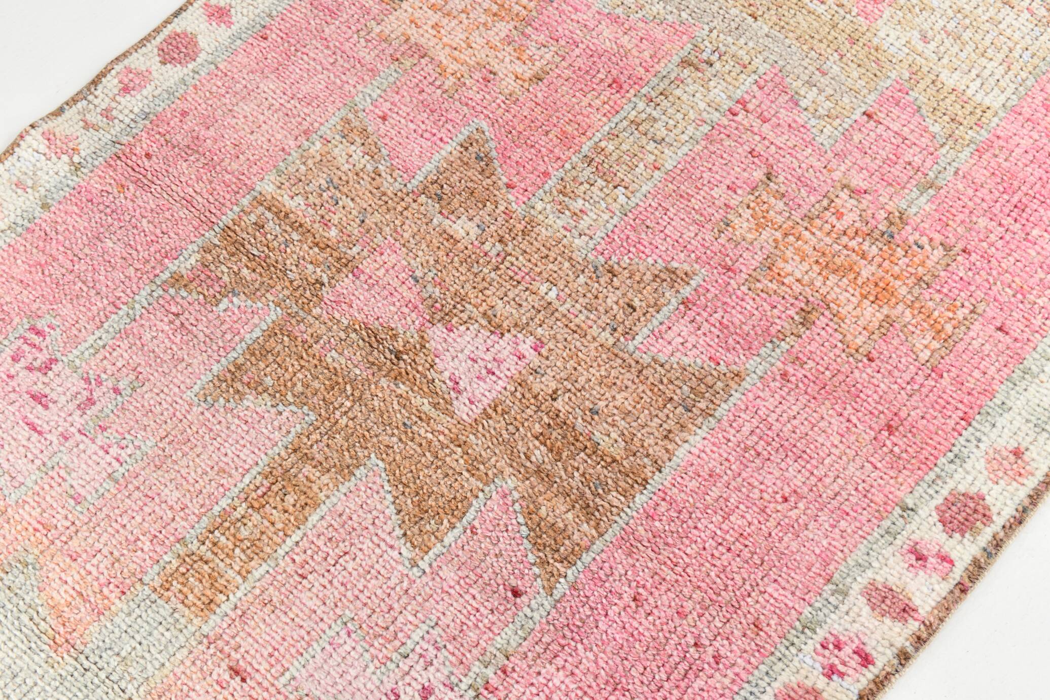 Light Pink & Brown Turkish Vintage Runner Rug, 94x328Cm