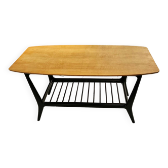 1950s coffee table in black lacquered wood and light wood top