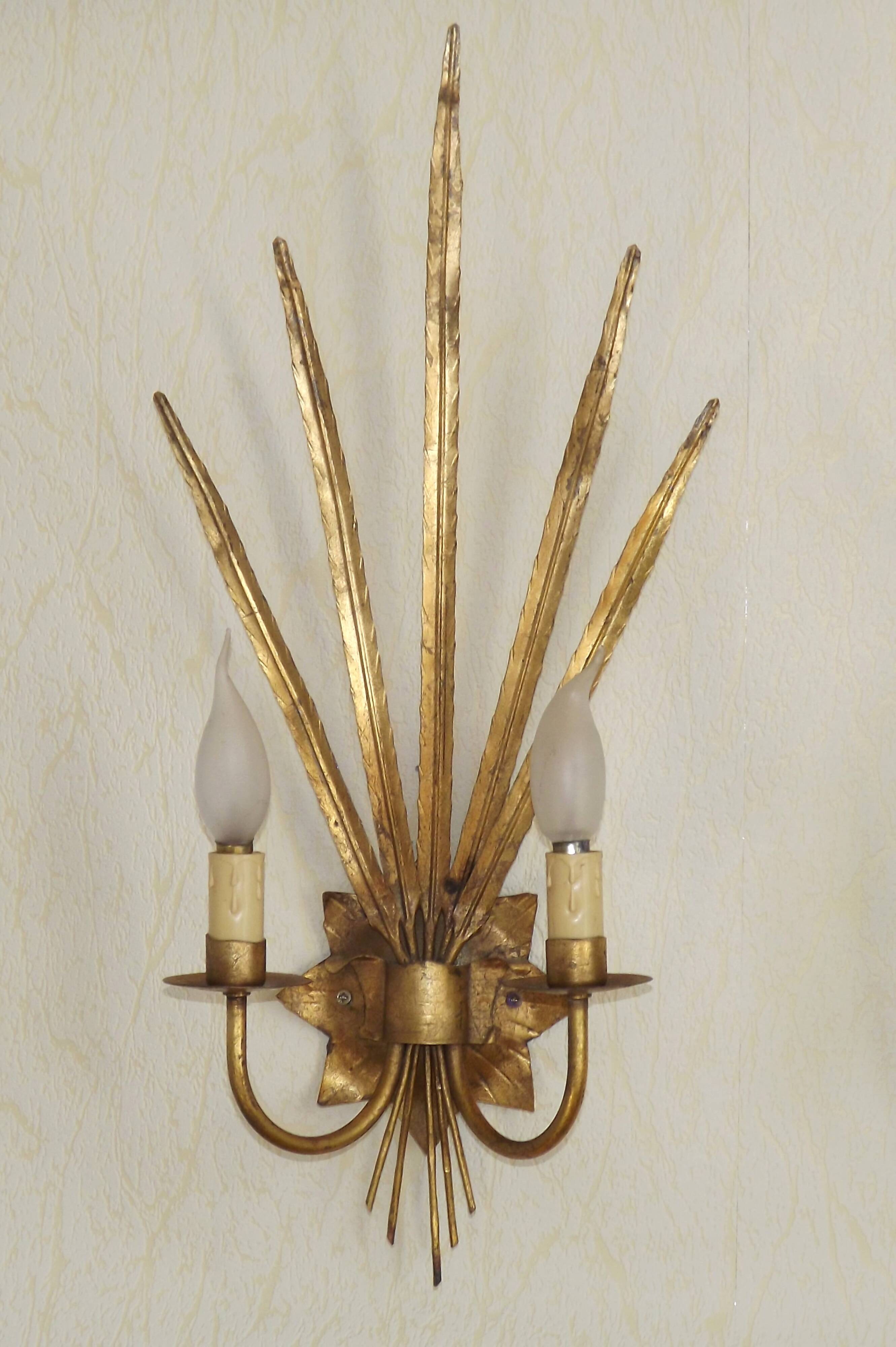 Matching Pair Large 'Ferro Art' Spain, 1950s Reed Leaf Double Wall Lights 5