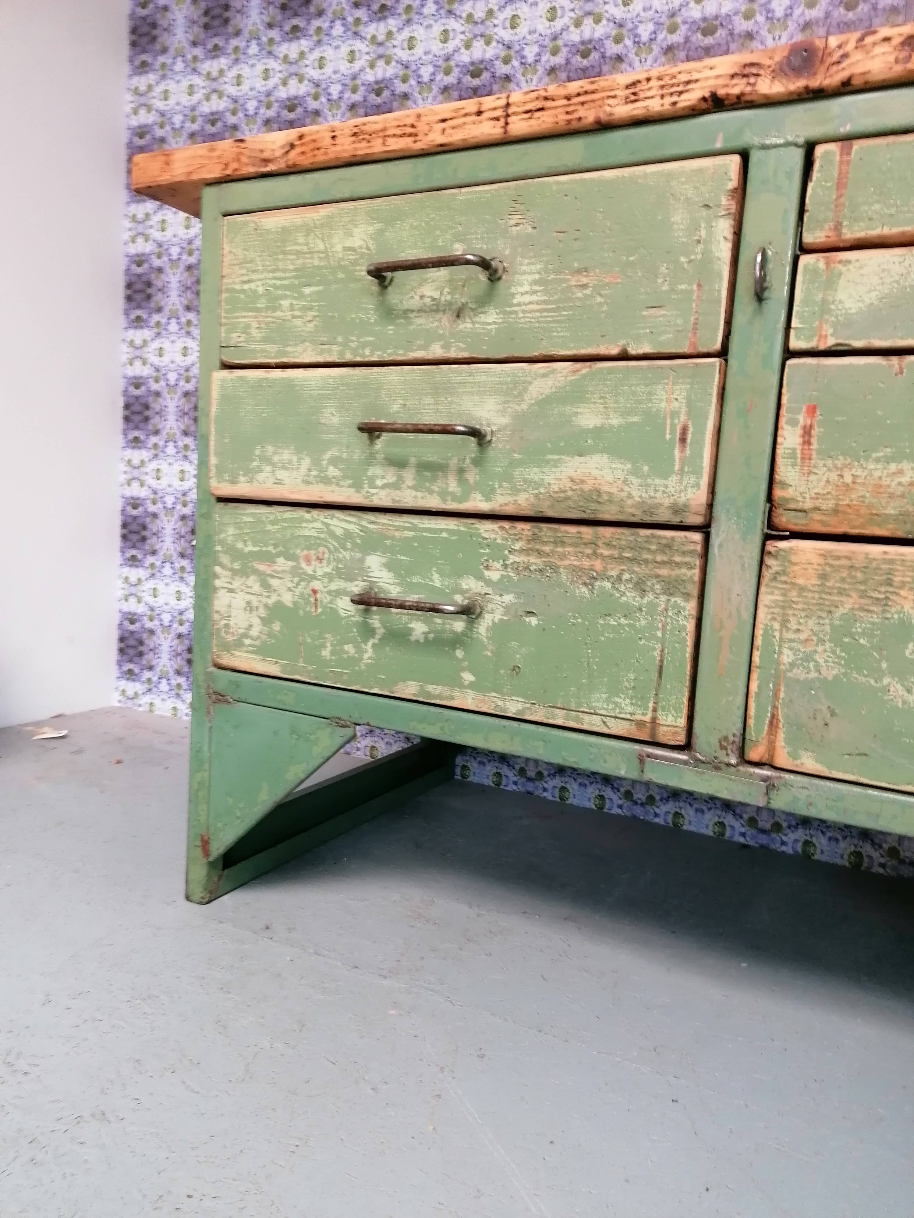 Old wooden garage workbench, industrial vintage.