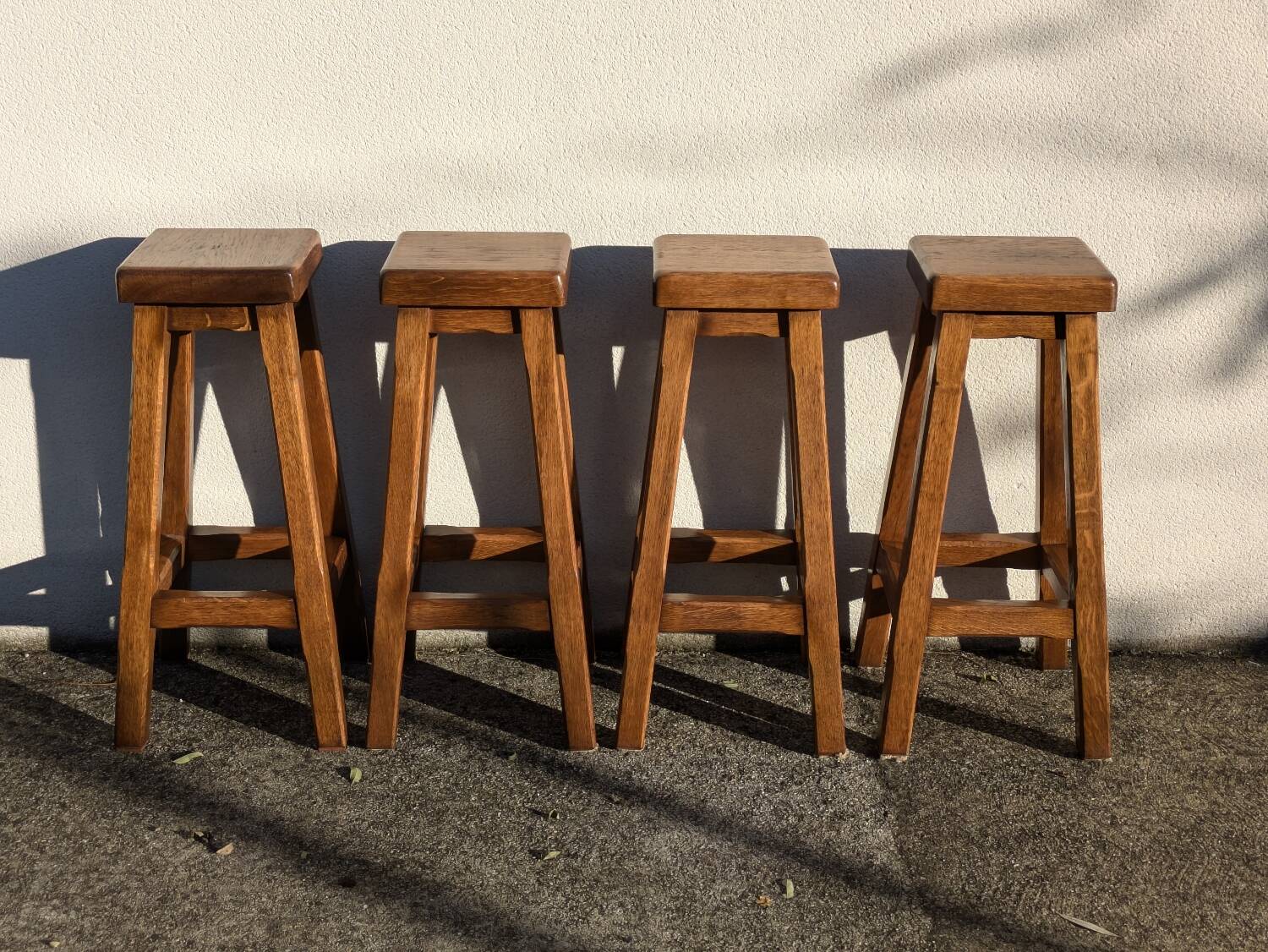 4 Bar Stools, Brutalist Solid Wood Vintage