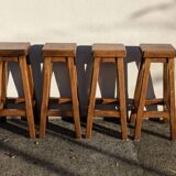 4 Bar Stools, Brutalist Solid Wood Vintage