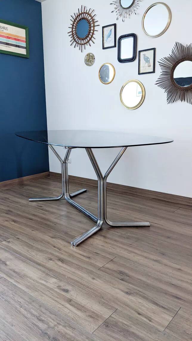 Large 70s dining table – chrome base and glass top