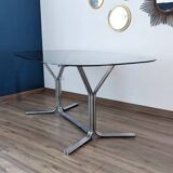 Large 70s dining table – chrome base and glass top