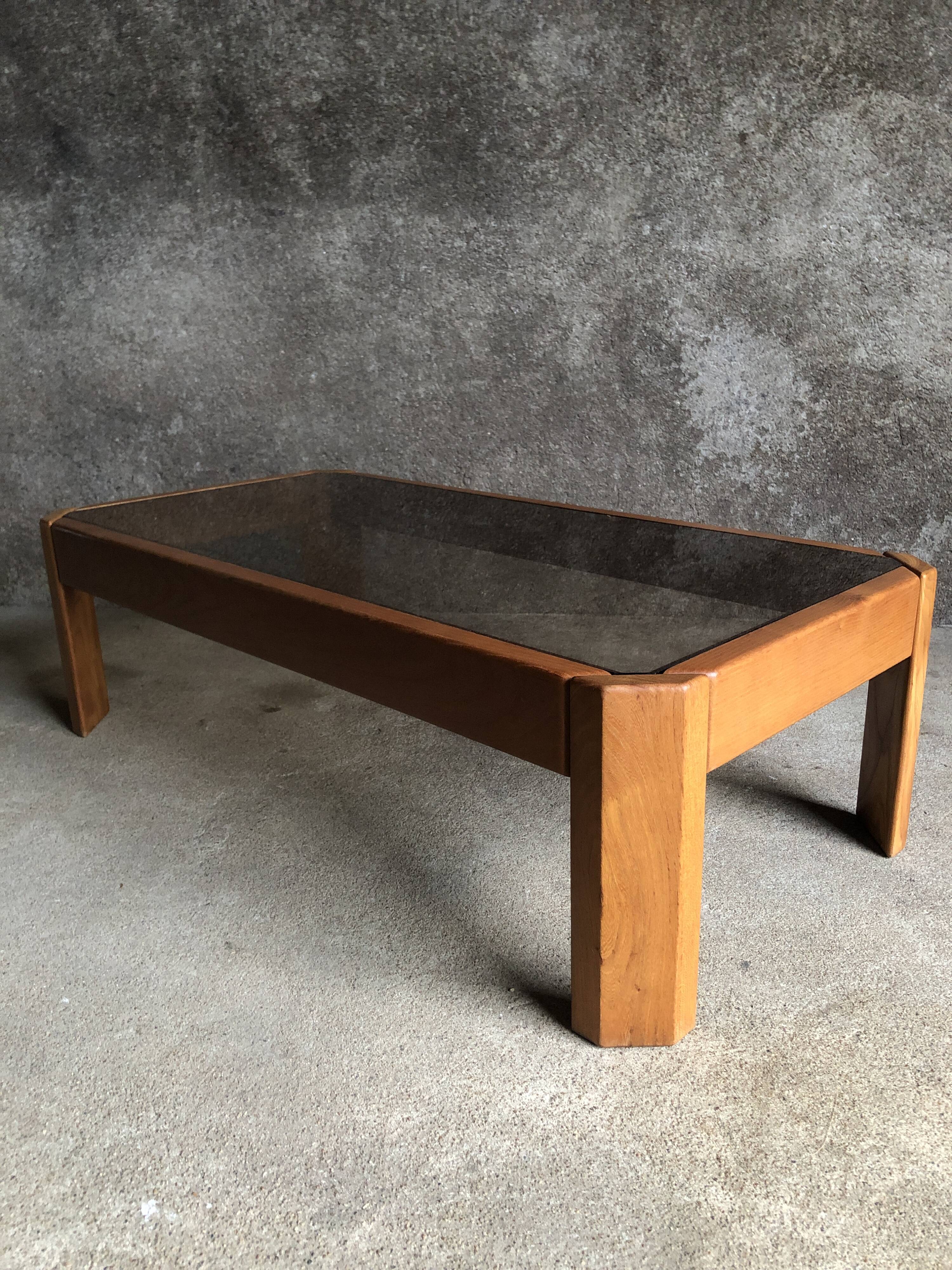 Coffee table in light wood and smoked glass, 1980s