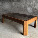 Table basse en bois claire et verre fumé, années 80