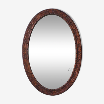 Antique Blackforest style large oval wall mirror, hand carved oak, bevelled, 1910`s ca, English