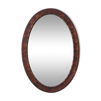 Antique Blackforest style large oval wall mirror, hand carved oak, bevelled, 1910`s ca, English