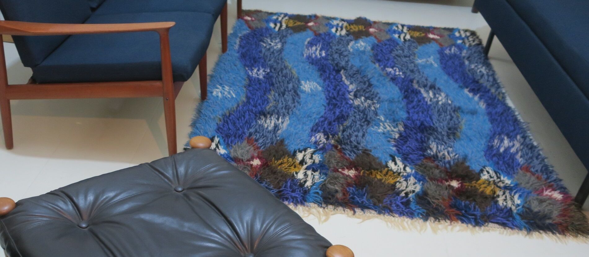 Vintage wave design blue Rya rug 202 cm x 145 cm, 1970s