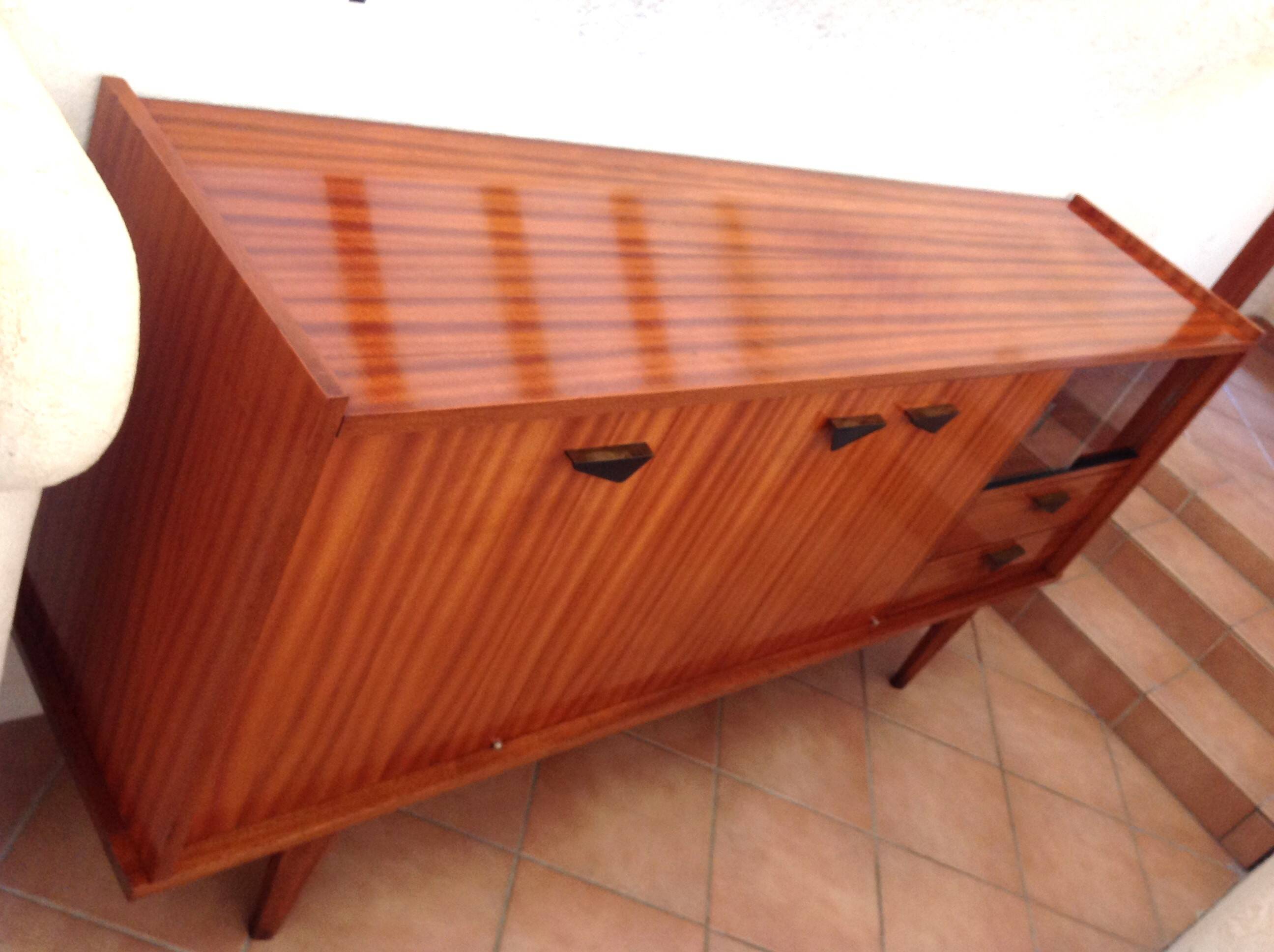 Varnished wooden sideboard with glass storage / vintage 60s-70s