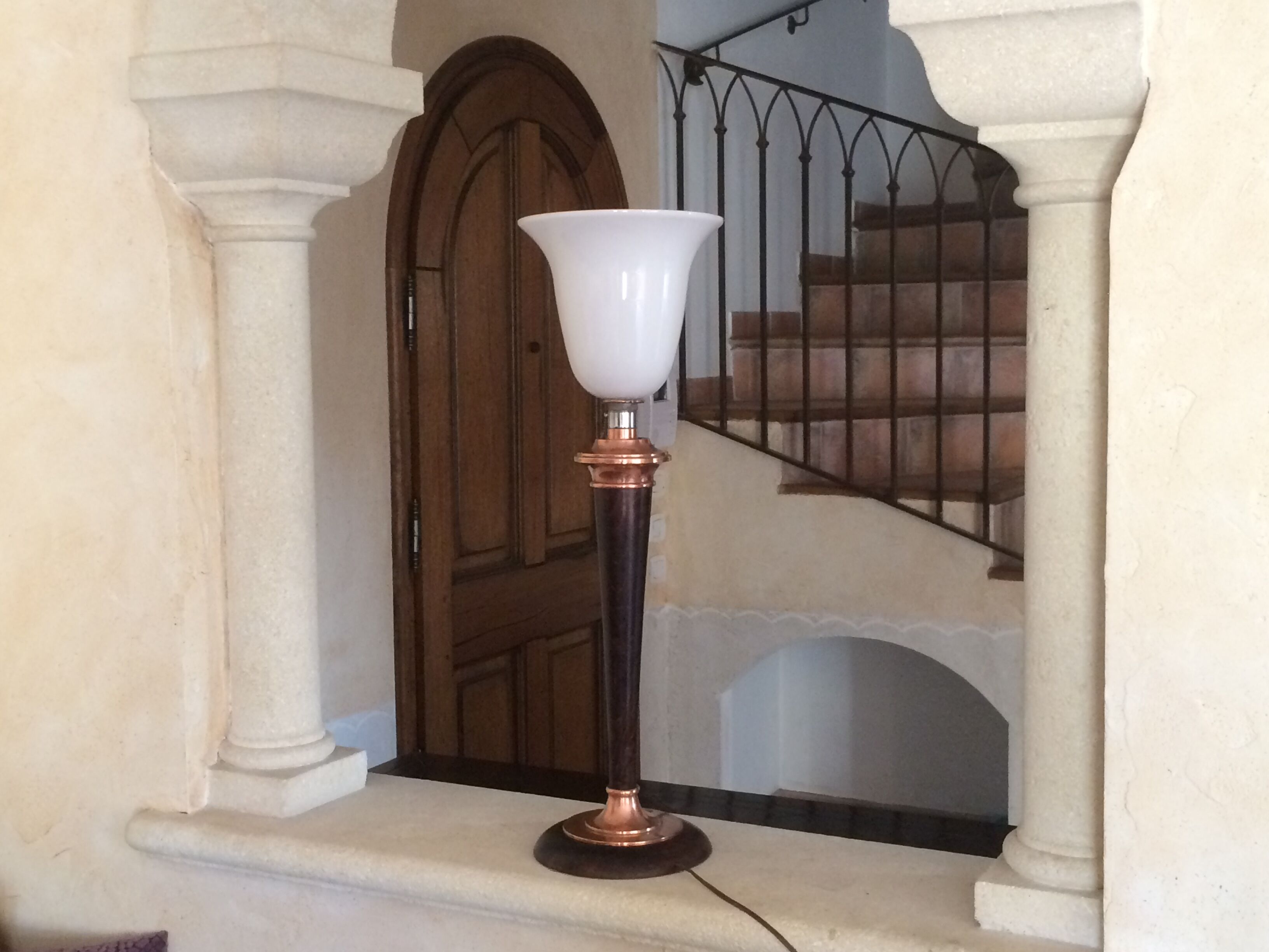 Mahogany and copper brass, Mazda Art deco lamp, 1930-40