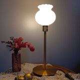 Living room lamp with gold metal base, matt white opaline globe, vintage