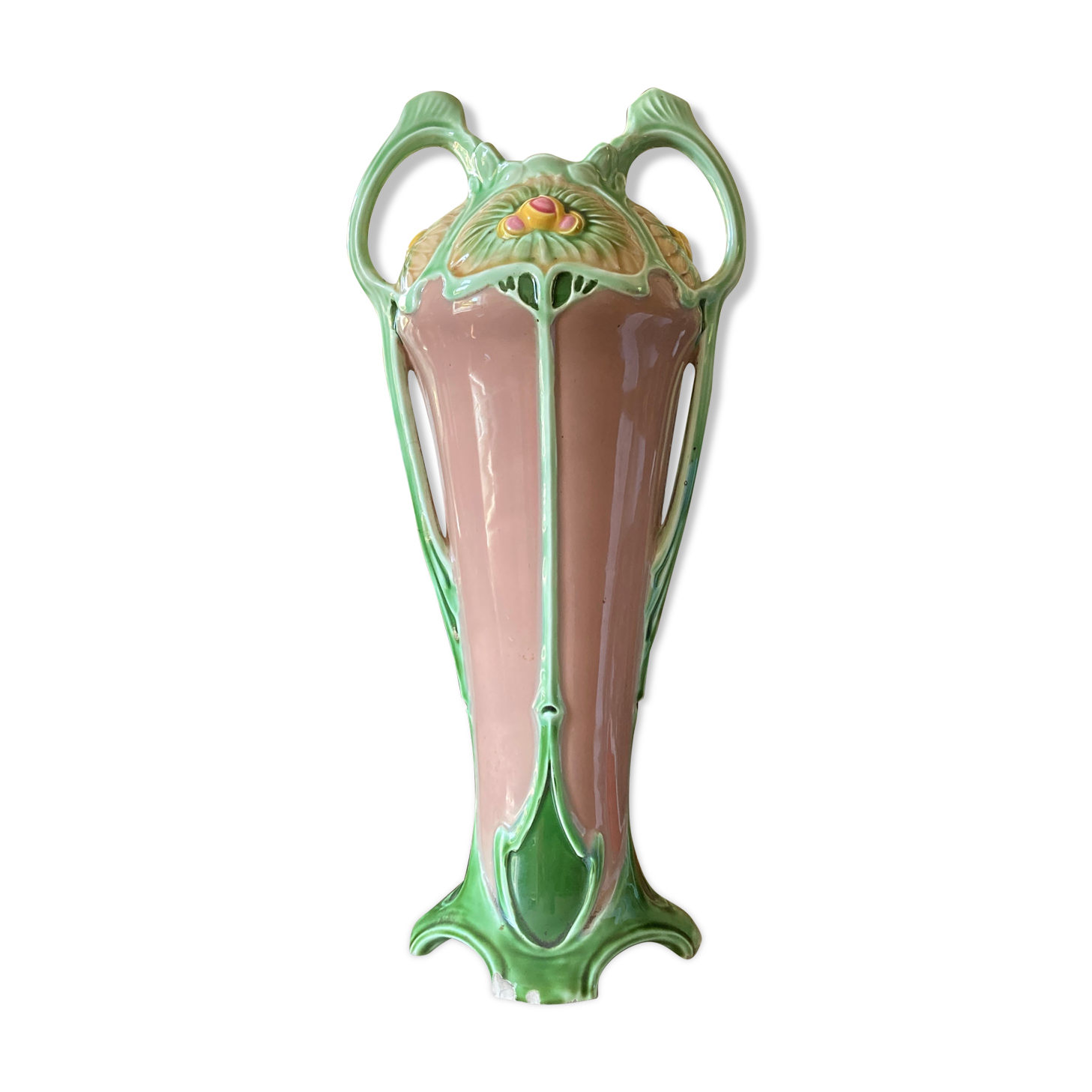 Art-nouveau splashy ceramic vase of flowers