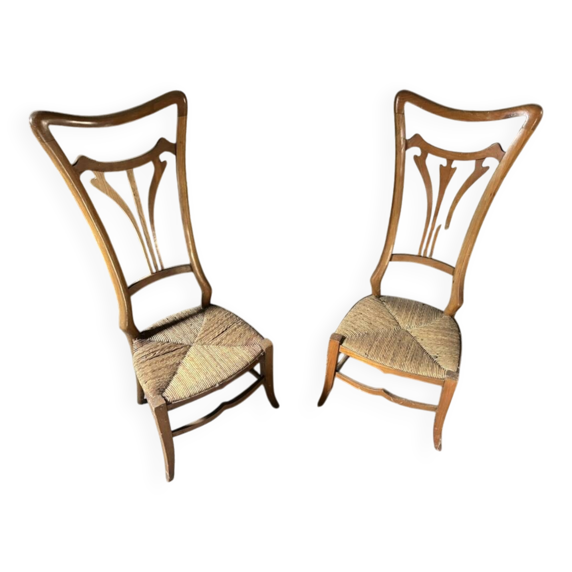 Pair of Vintage Art Nouveau Chairs in Light Wood and Woven Straw Seat