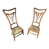 Paire de Chaises Vintage Art Nouveau en Bois Clair et Assise Paille Tressée