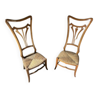 Pair of Vintage Art Nouveau Chairs in Light Wood and Woven Straw Seat