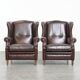 Comfortable and very beautiful set of 2 cow leather wingback armchairs in English style