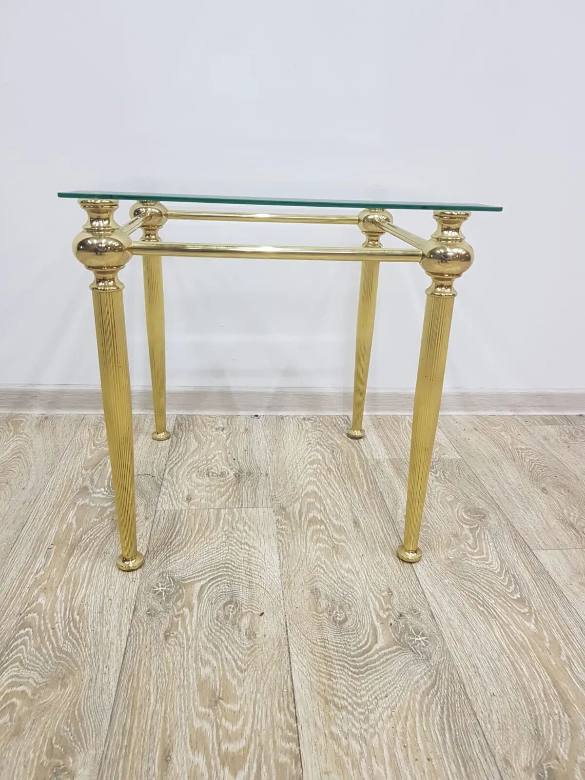 Side table, gold-tone brass, clear glass, France, 1960s.