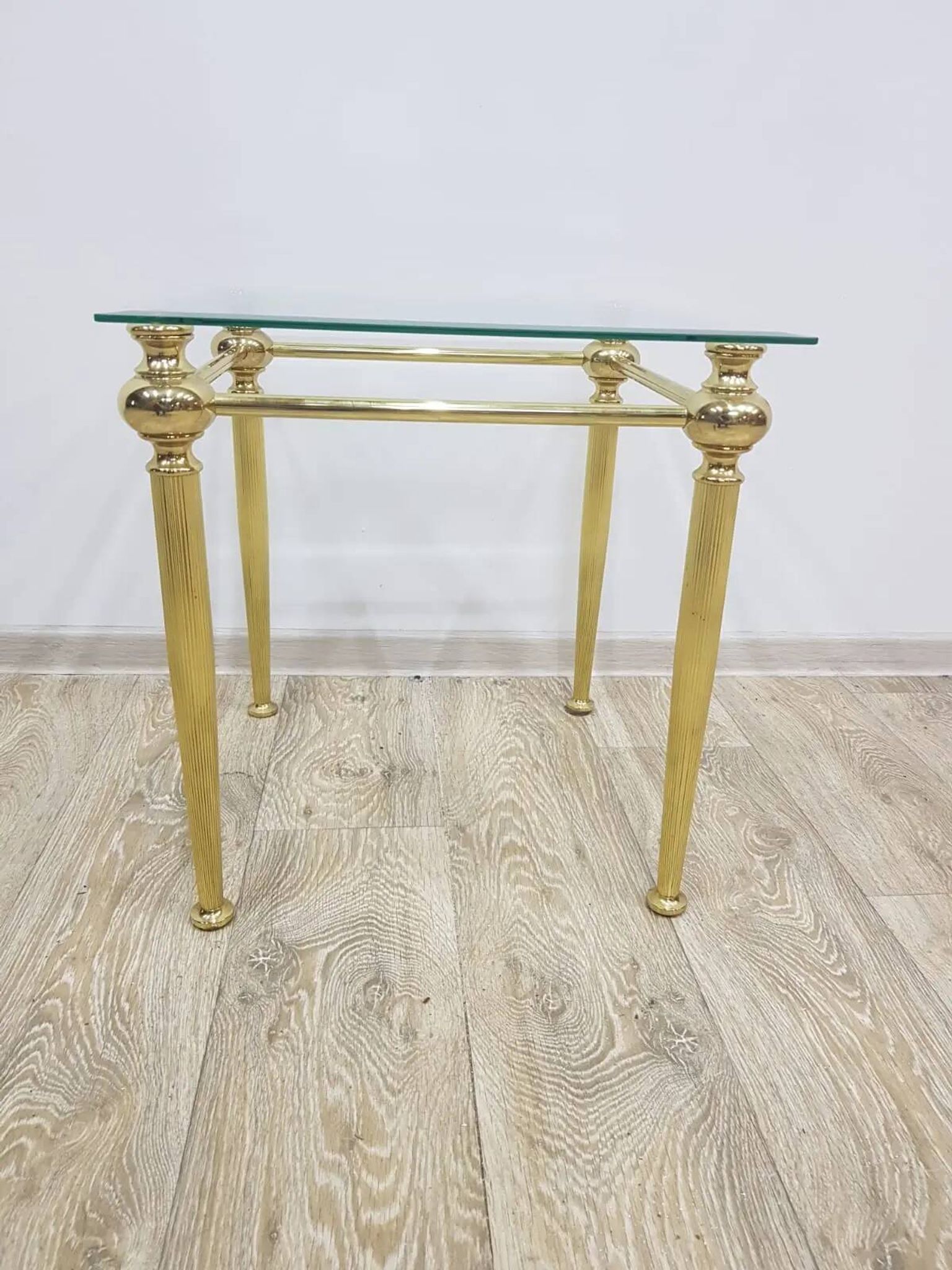 Side table, gold-tone brass, clear glass, France, 1960s.