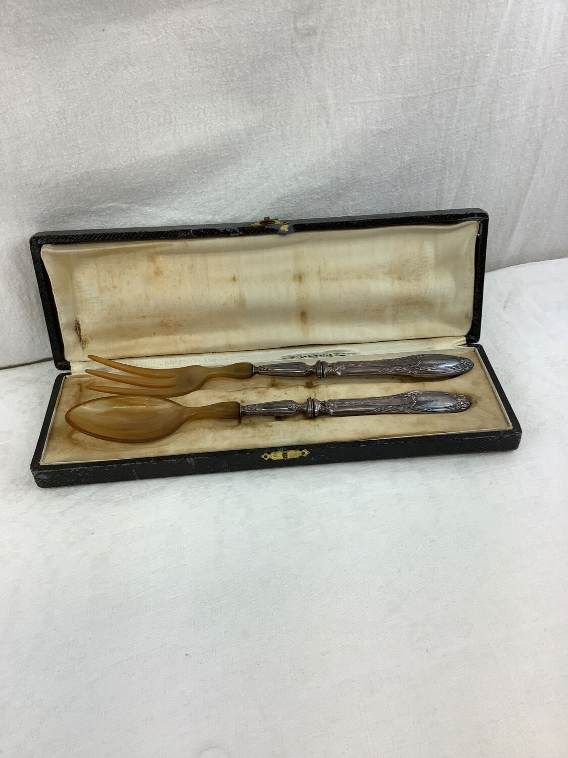 Old salad servers in filled silver and horn