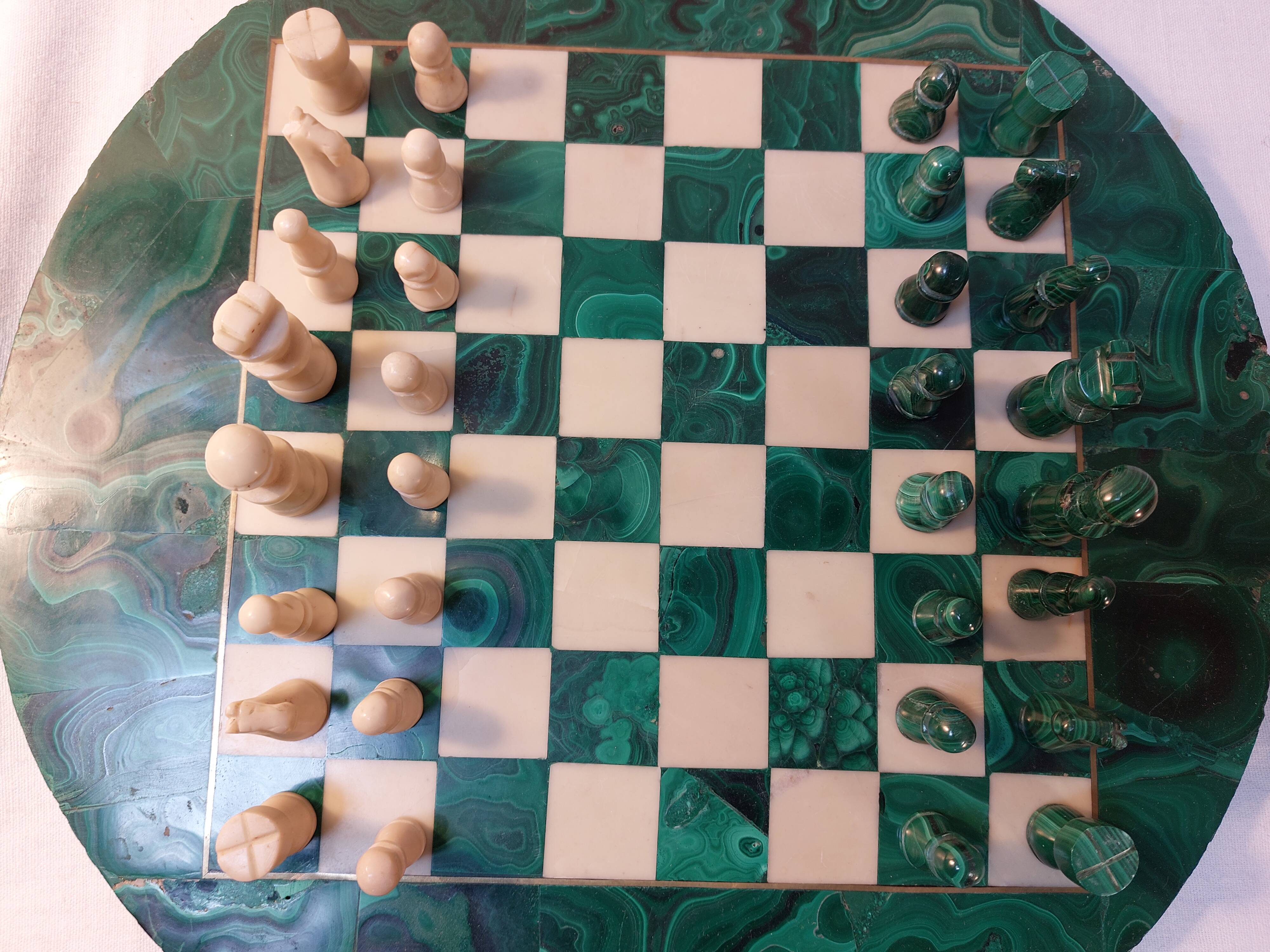 Vintage Complete Chess Set in Malachite and White Stone