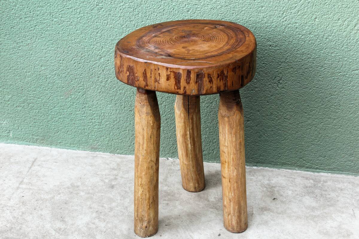 Brutalist tripod stool, raw wood