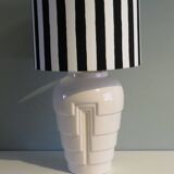 Vintage Ikea table lamp in white ceramic, Memphis style with black and white lampshade.