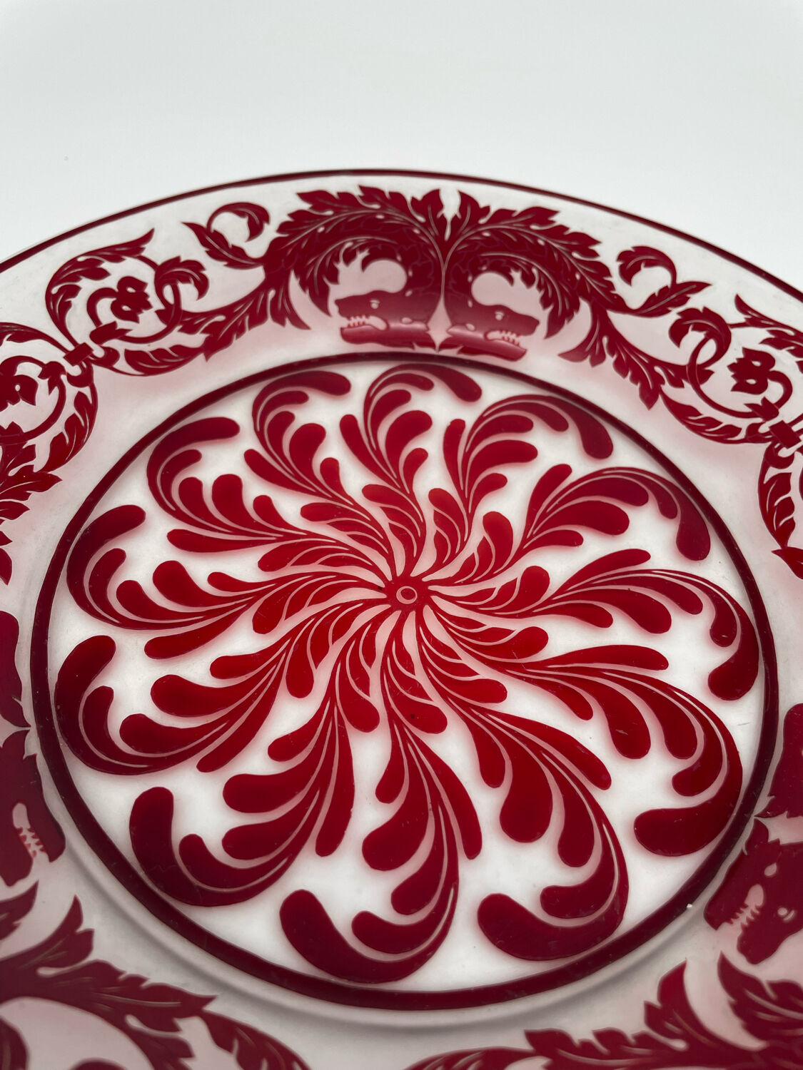 Red cut crystal plate dragon floral pattern
