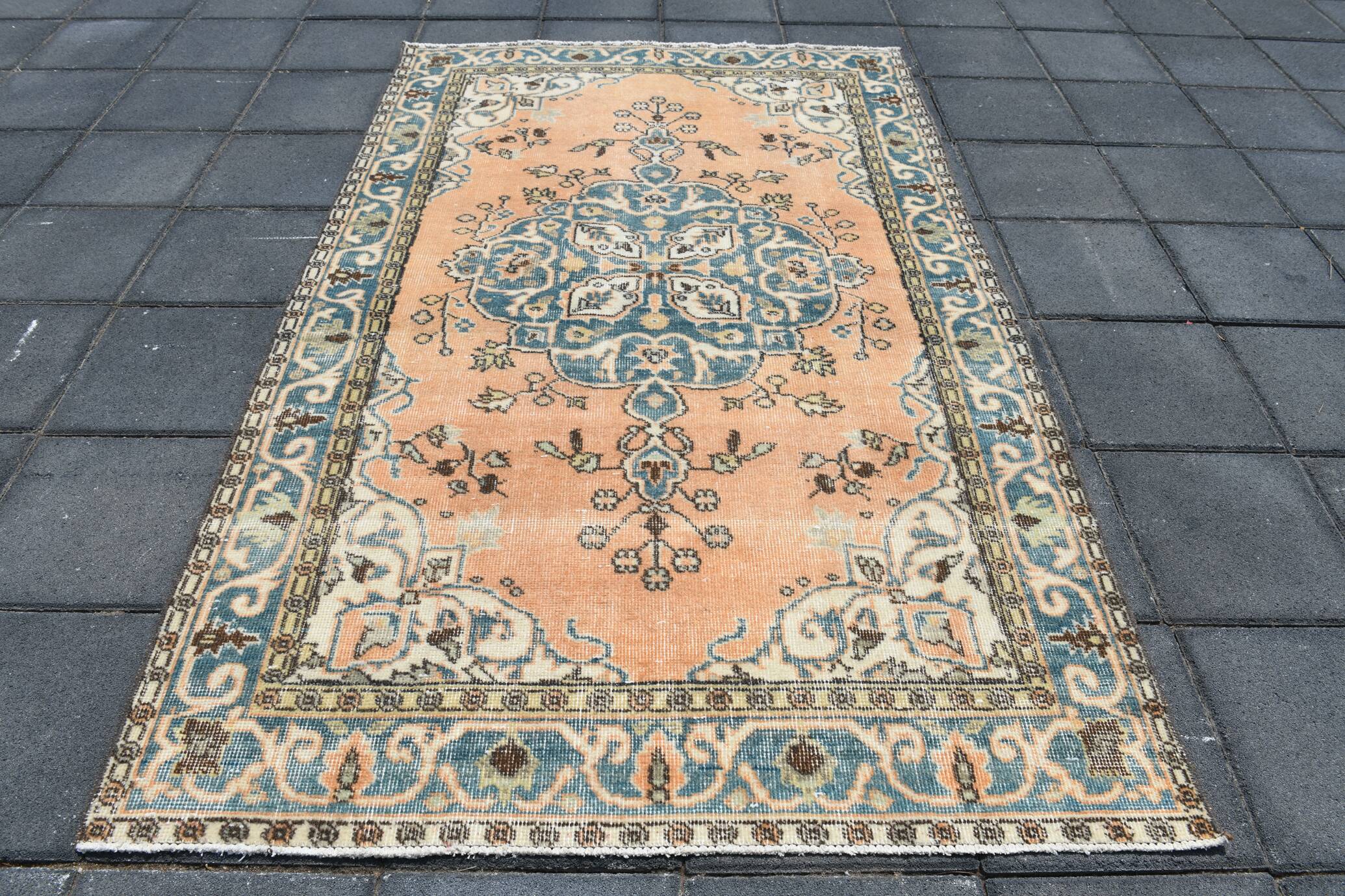 Tapis Turc Vintage Oushak, Couloir Pêche Bleu, 120x194 Cm