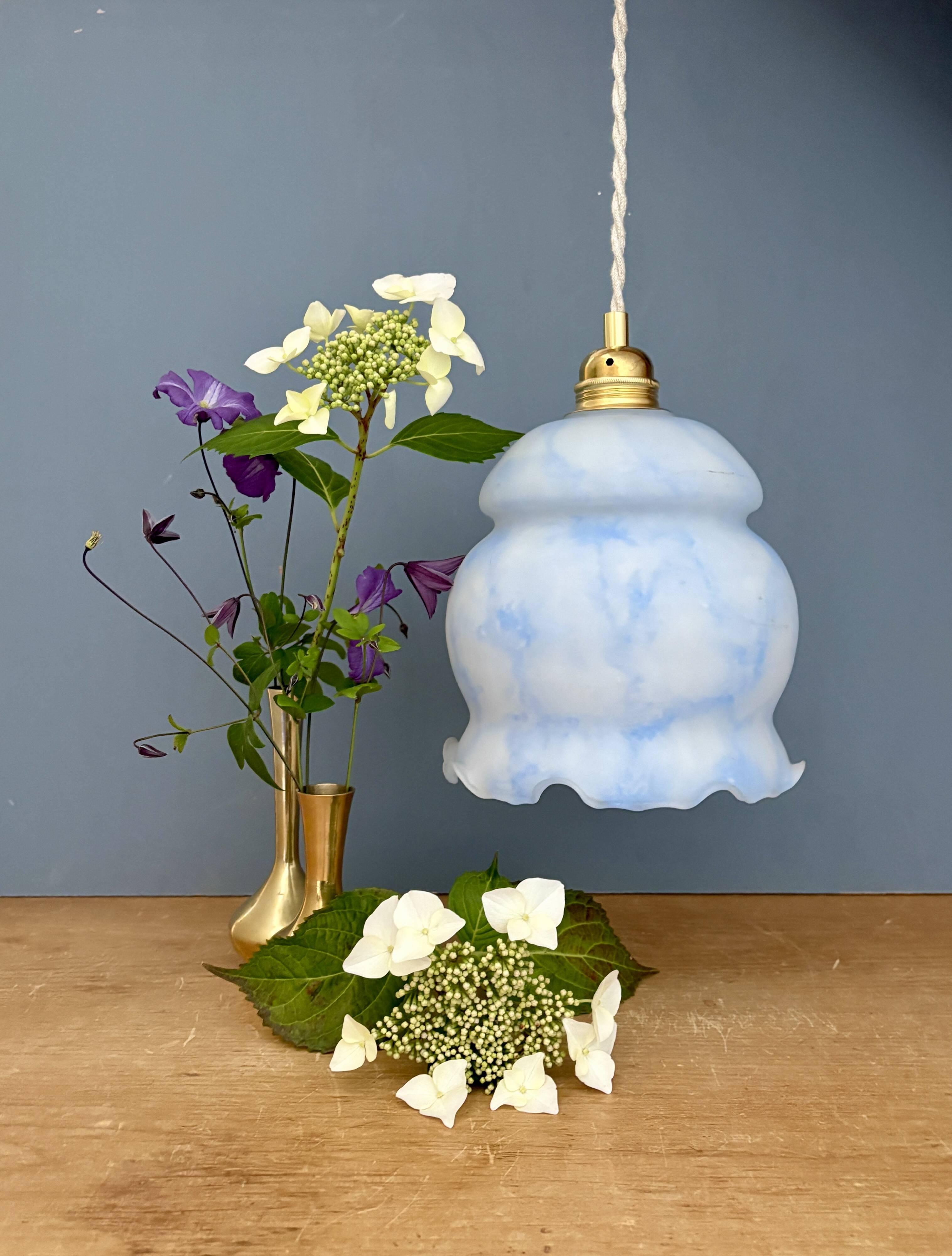 Vintage globe pendant light in white and blue opaline