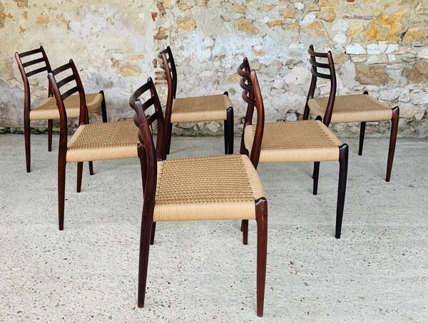 Ensemble de 6 chaises, modèle 78 en palissandre, première édition par Niels Moller, circa 1962-1970