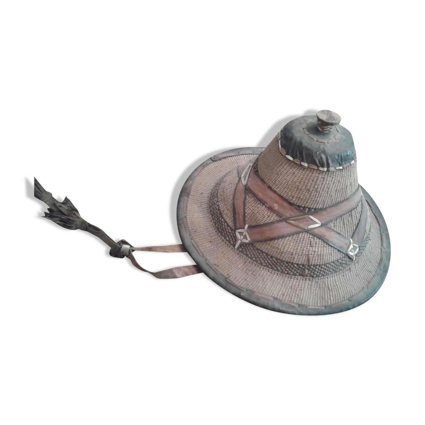 Old colonial hat in braided straw and leather