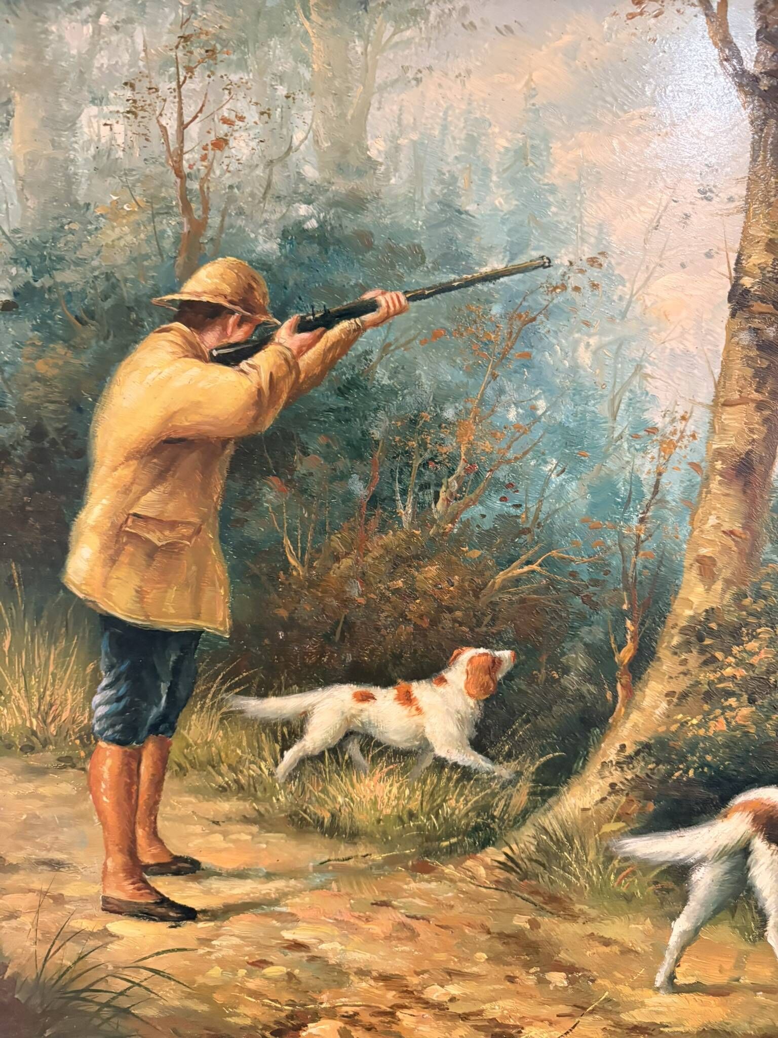 Tableau Peinture Huile Panneau HSP EDWARD WEBB Chasse Cour Chien Forêt